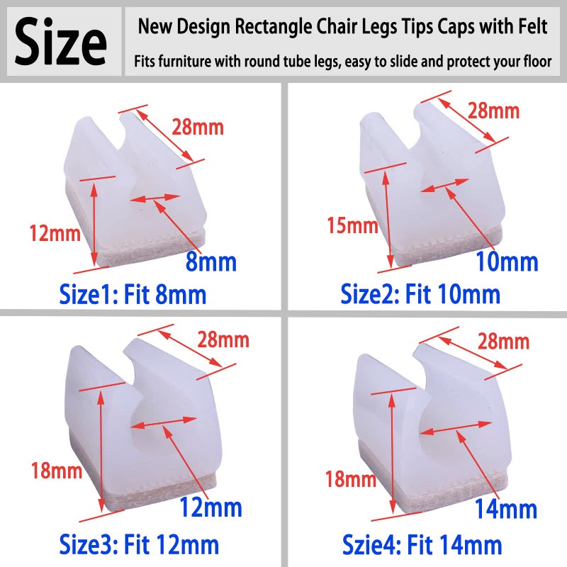 Conprasim Rectangle Shaped Chair Leg Tips Caps with Felt Pads,Furniture Feet Protectors Slide Smoothly No Scratches No Noise Protect Hardwood Floors, Fit Diameter 10mm Metal Furniture Leg (White 8 Pack) - Image 4
